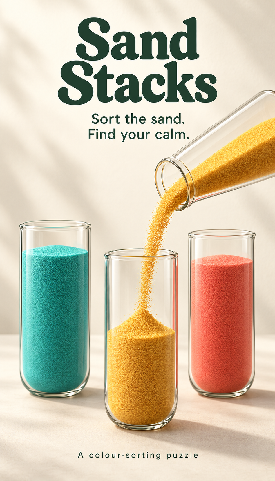 Sand Stacks artwork: gold sand pouring into a vial beside turquoise and coral sand.