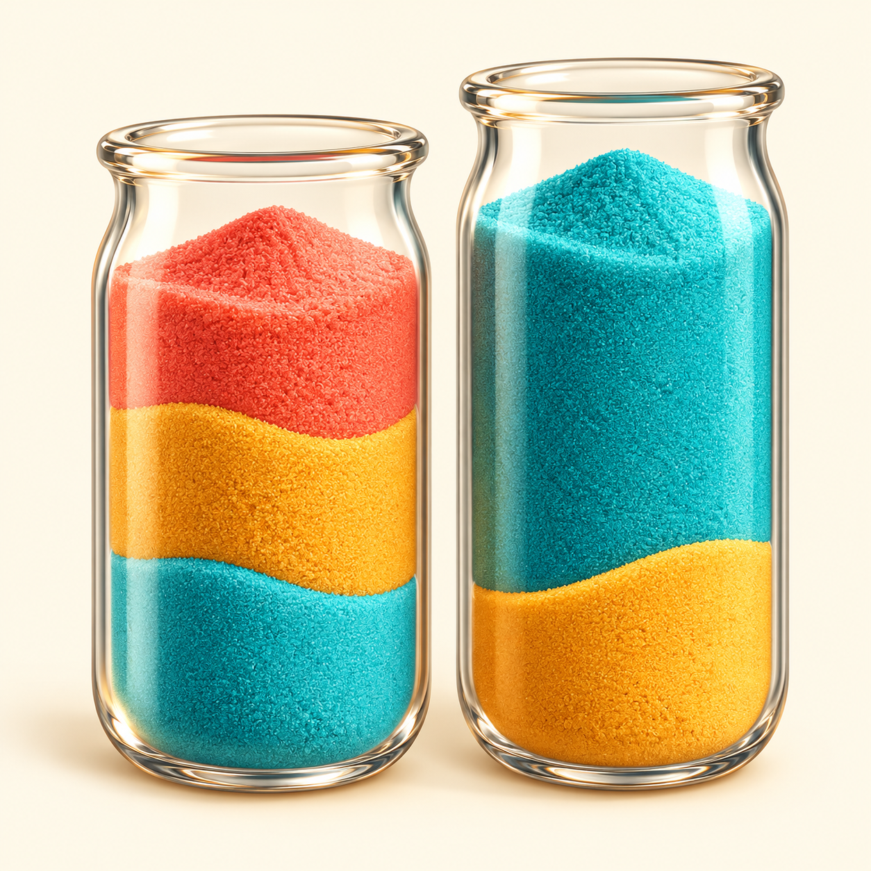 Two glass vials filled with turquoise, gold and coral sand.